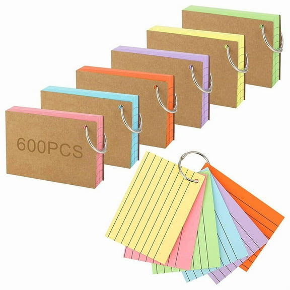 600 Pcs Index Cards with Ring, 3 x 4 Inch Colored