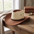 thumbnail image 4 of Unisex Adult Leather Western Cowboy Hat Small Brim Letter Detail Adjustable Chin Strap Cap for Country Festivals and Themed Events and Outdoor Parties Brown One Size, 4 of 5