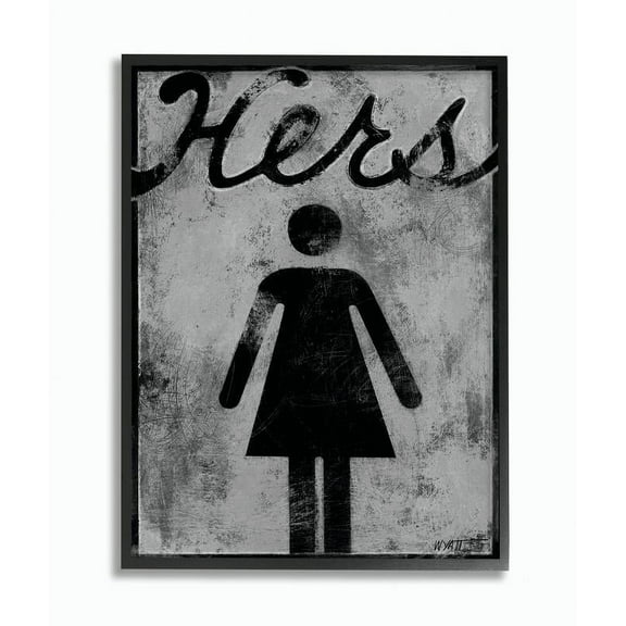 Stupell Industries Hers Distressed Bathroom Sign Graphic Art Black Framed Art Print Wall Art, 24x30, by World Art Group