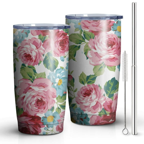Pioneer Flower Pink 20oz Tumbler Stainless Steel Double Wall Vacuum Insulated Coffee Mug Travel Cups for Wife Mom Daughter Sister Friend Coworker, Metal Straws and Brush