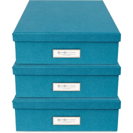 Bigso Oskar Fiberboard Label Frame Document Letter Box - File Organizer Box for Important Paperwork - Document Storage with a Lid & Metal Label Window - 3.3 in x 10.2 in x 13.8 in - Turquoise