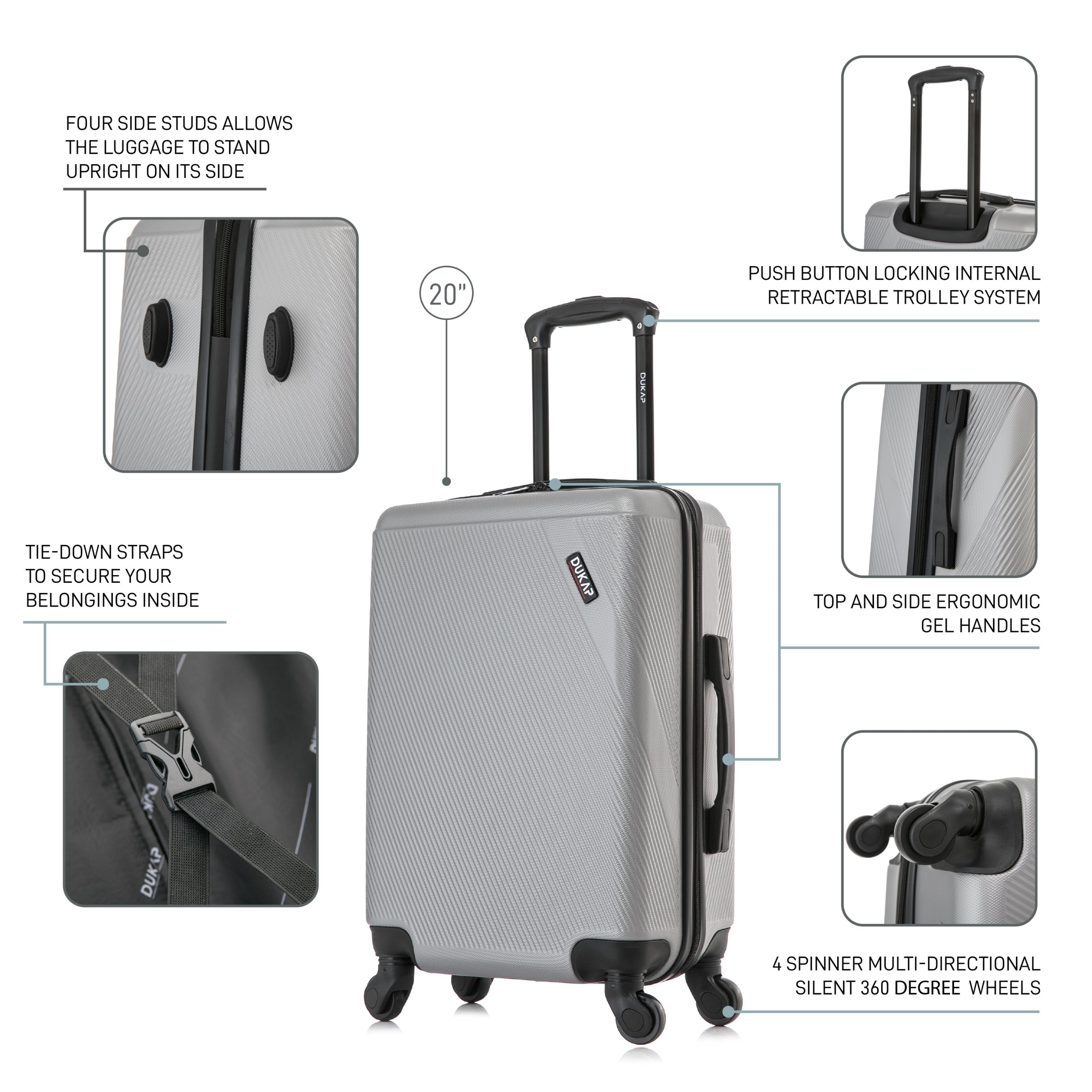 DUKAP Discovery 20" Hardside Lightweight Luggage with Spinner Wheels, Handle and Trolley, Silver