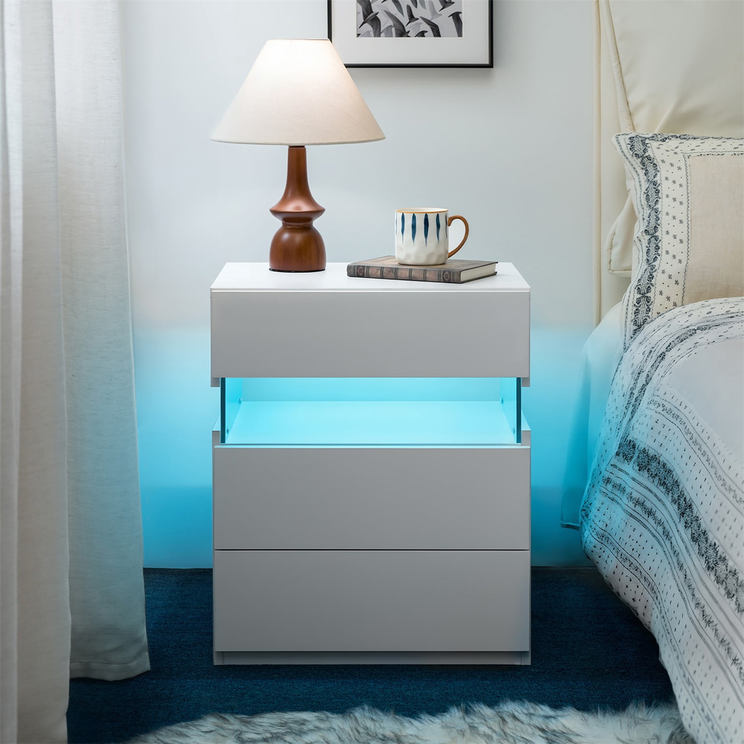 Hommoo 3 Drawer Dresser LED Nightstands, End Table Bedside Tables for Bedroom, Living Room, White