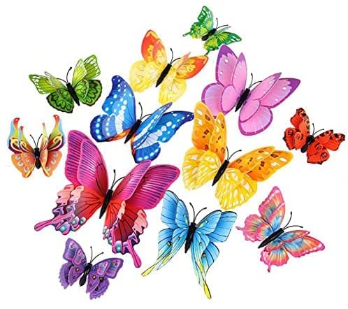 Haobase 12 Pcs DIY Realistic 3D Multicolor Double Wings Butterfly Wall Stickers Home Decoration