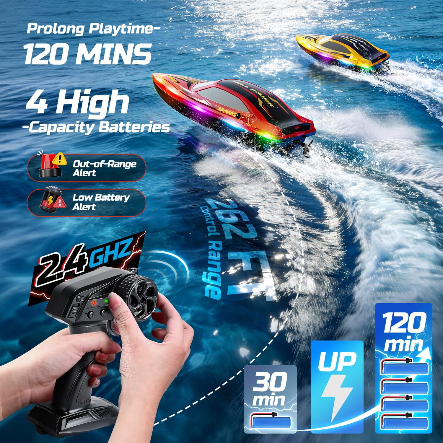 DEERC 2 Pack 13 inch Remote Control Boat for Kids, 4 Batteries, 2.4Ghz RC Racing Boat with LED Lights for Pools and Lakes, Summer Water Toy Gift for Boys 8-12