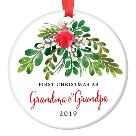 Grandma & Grandpa Ornament 2019, First Christmas as Grandmom & Grandpop New Grandparents Porcelain Ornament, 3