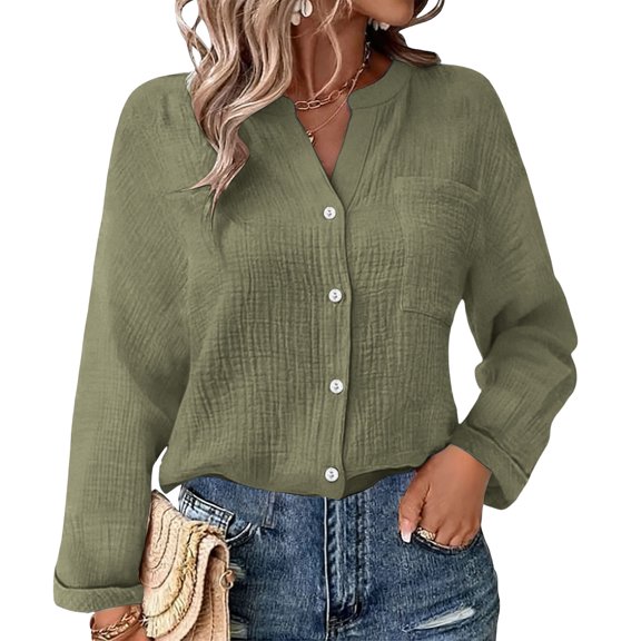 ClodeEU Women's Long Sleeve Henley Button Shirt ,Casual Loose Fit Classic Blouse Army Green,Womens Plus XXL