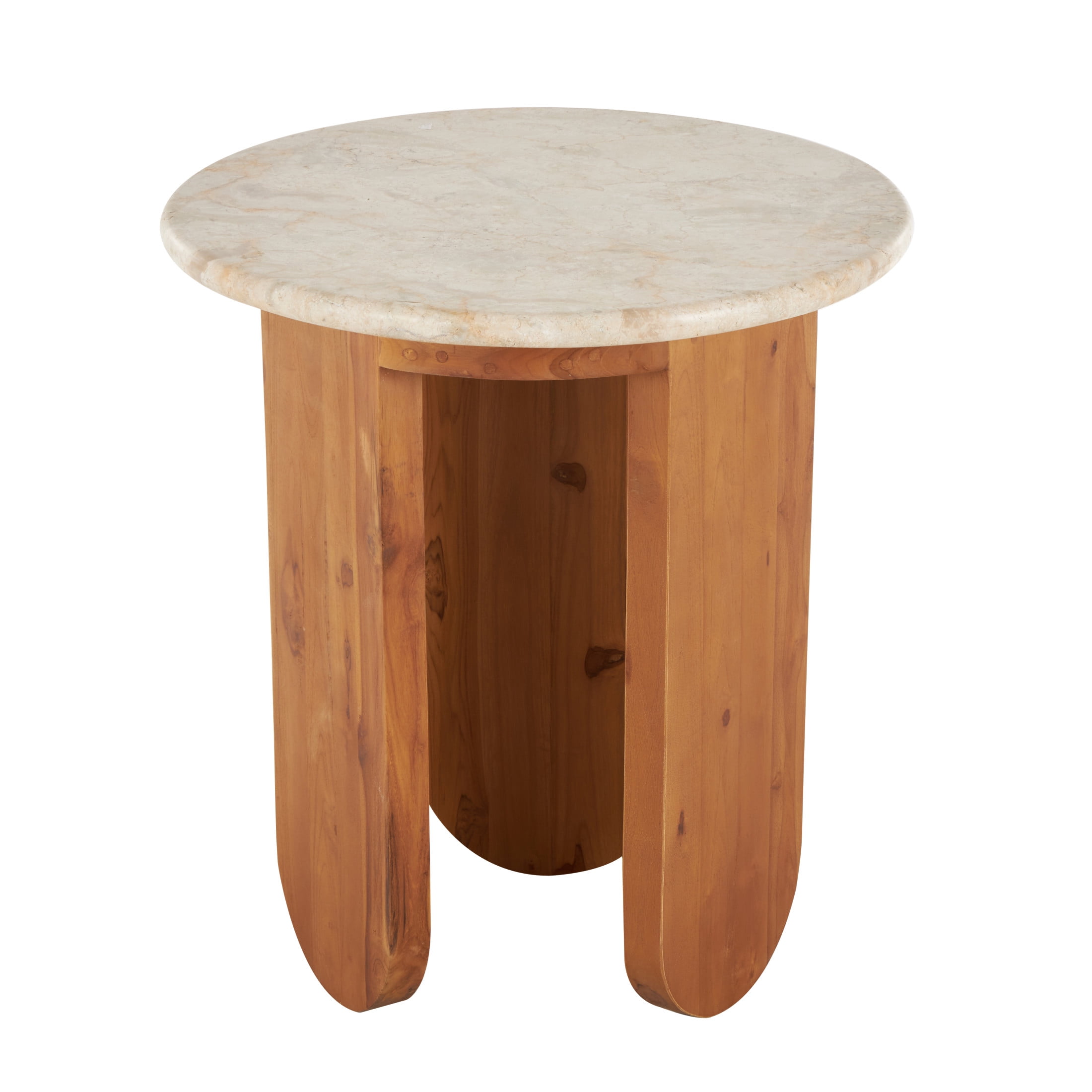 DecMode 20" x 22" Brown Teak Wood Handmade Accent Table with Beige Marble Tabletop, 1-Piece