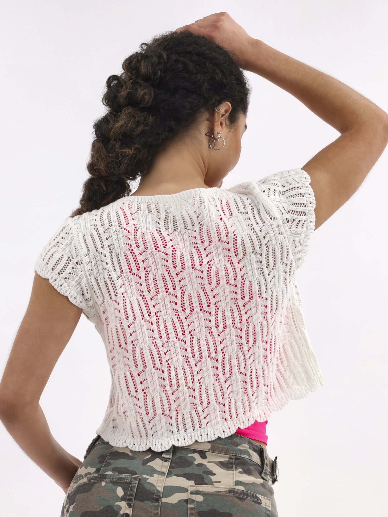 No Boundaries Crochet Cardigan Sweater with Short Sleeves, Lightweight, Women's