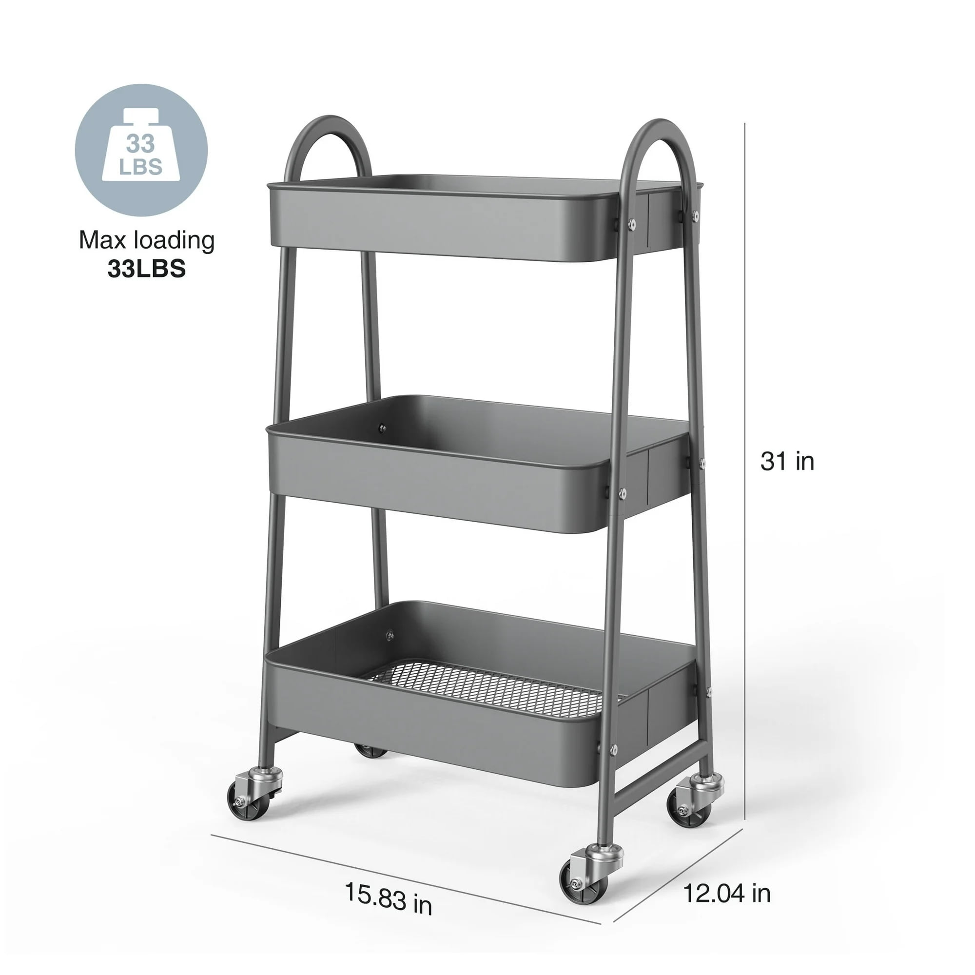 GIANNA 3 Tier Rolling Cart Organizer, Plastic Rolling Cart with Lockable Wheels & Reinforced Handle, Lightweight Utility Cart Storage Cart for Nursery, Kitchen, Bathroom, Craft Room