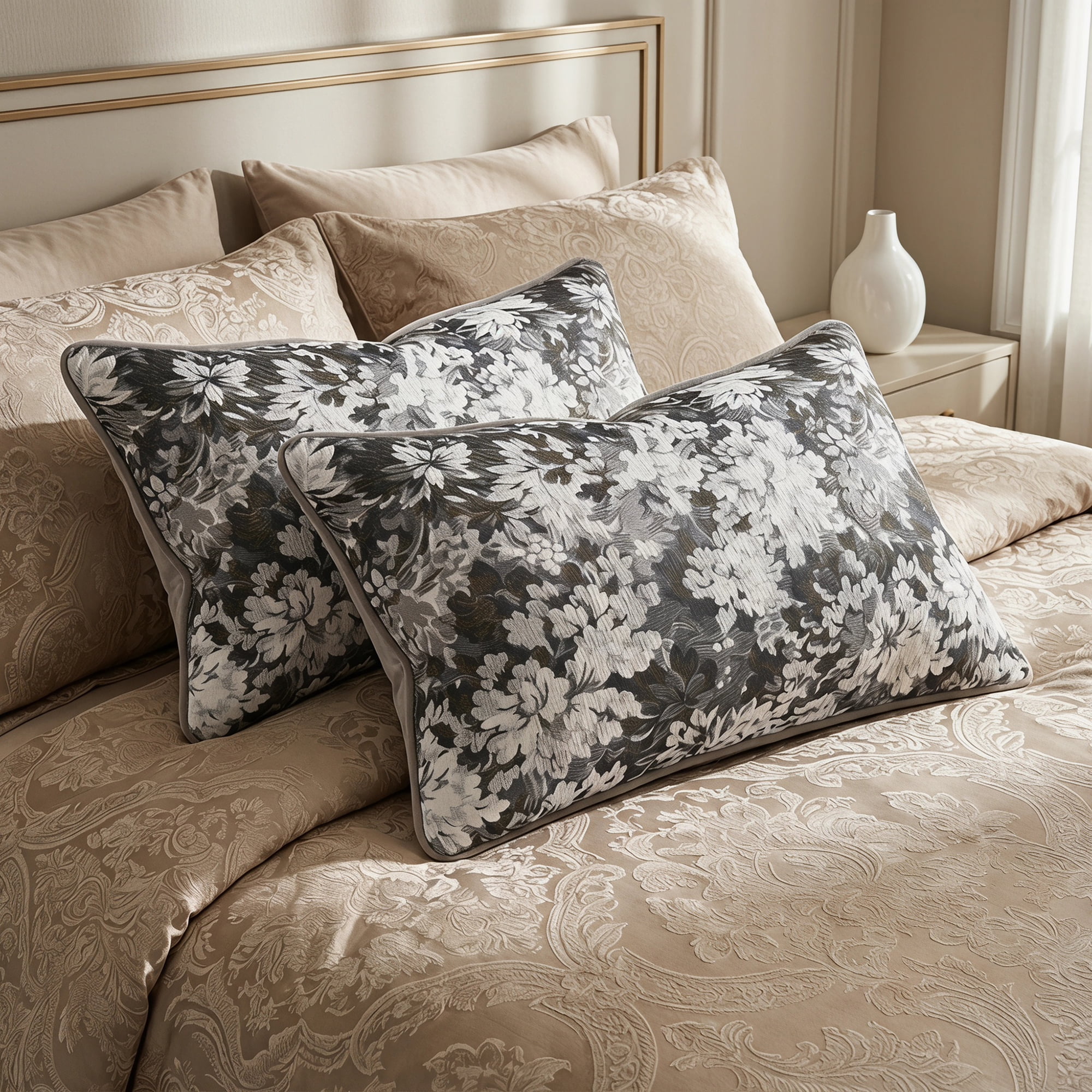 Unique Bargains Floral Throw Pillow Cover with Piped Edge Decor Cushion Case Grey 20"x12"