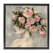 Stupell Industries Peonies Headdress Woman Plants & Flowers Painting Black Floater Framed Canvas Art Print Wall Art, 18 x 18