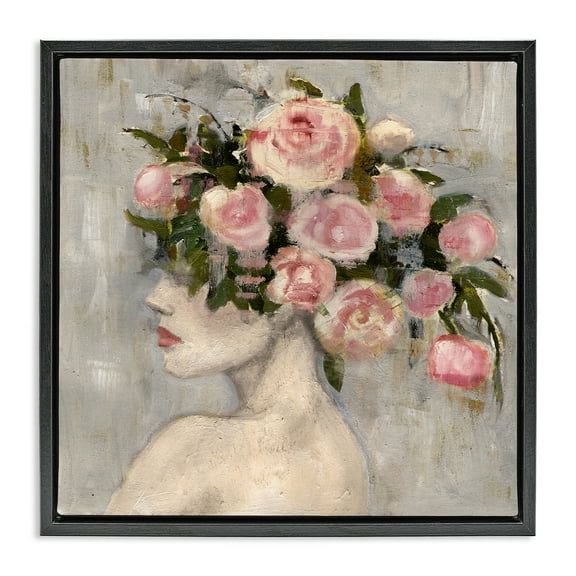 Stupell Industries Peonies Headdress Woman Plants & Flowers Painting Black Floater Framed Canvas Art Print Wall Art, 18 x 18