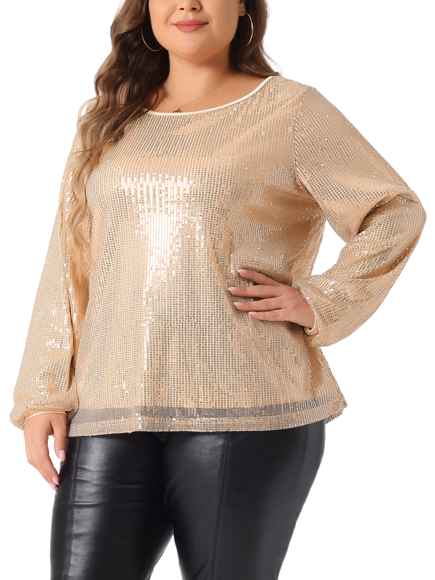 DARING DIVA Women's Plus Long Sleeve Glitter Sparkly Blouse 2X Champagne