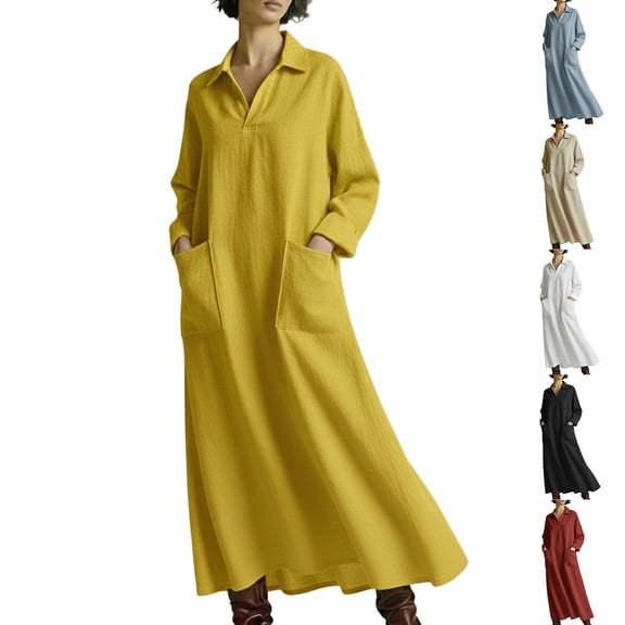 BRGZLK Womens 2026 Long Sleeve Maxi Dress Casual Collared V Neck Loose T Shirt Dresses Flowy Tunic Dress with Pockets