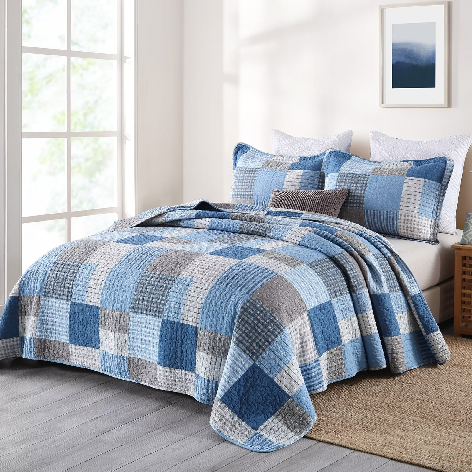 Bedduvit Cotton Quilt Queen Size - 3 Pieces 100% Cotton Lightweight Soft Blue Brown Queen Quilt Set with 2 Pillow Shams,Reversible Striped Plaid Queen Bedspread/Coverlet/Bedding Set for All Seasons