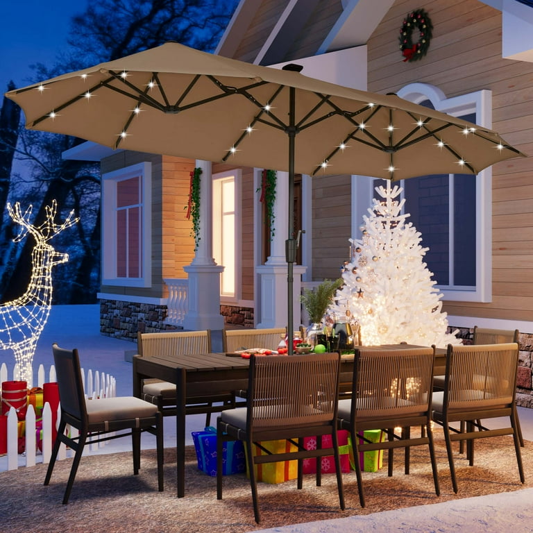 christmas patio umbrella 10 ft Lighted Offset - LED Lights & High-Quality Fabric The garden umbrellas thick shade fabric keeps you comfortably sheltered from harsh sunlight and light drizzle all day long Patio Umbrella Lights Strings Lights