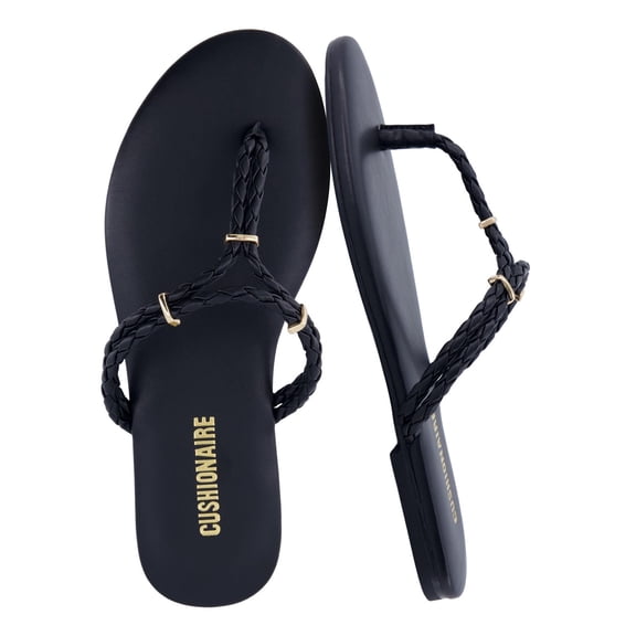 Cushionaire Trio Flip Flops for Women, Comfortable Beach Sandals with Braided Thong Strap, Memory Foam Footbed and Metallic Ring Accents