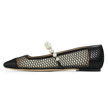 XYD Women Fashion Bead Strap Ballet Flats Square Toe Mary Jane Comfortable Dress Ventilate Mesh Shoes Size 13 Black