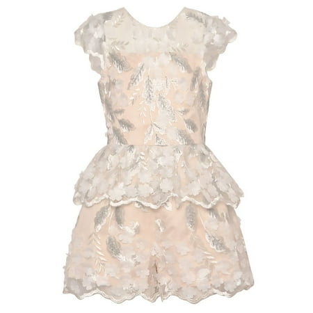 Floral Jumper Dress - Tween Diva Girls Ivory Leaf Floral Detailed Peplum Overlay Jumper