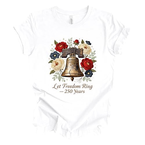 Patriot Pride Reckless Patriot Women’s Graphic T-Shirt - Let Freedom Ring — 250th Anniversary Floral Liberty Bell Print, White, Small