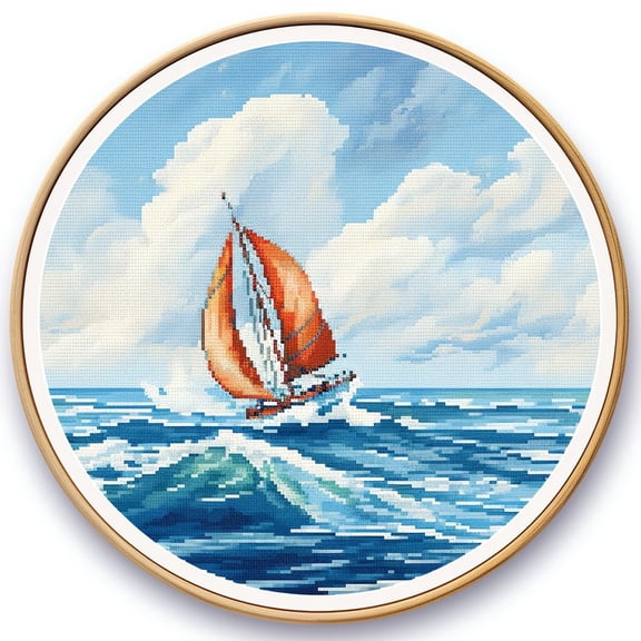 Sailboat Round Shape DIY Stamped Cross Stitch Kits for Beginners Easy with Hoop 11CT Needlepoint Embroidery Counted Cross Stitch Kits Art Craft Wall Decor and Gift 35x35cm(1)