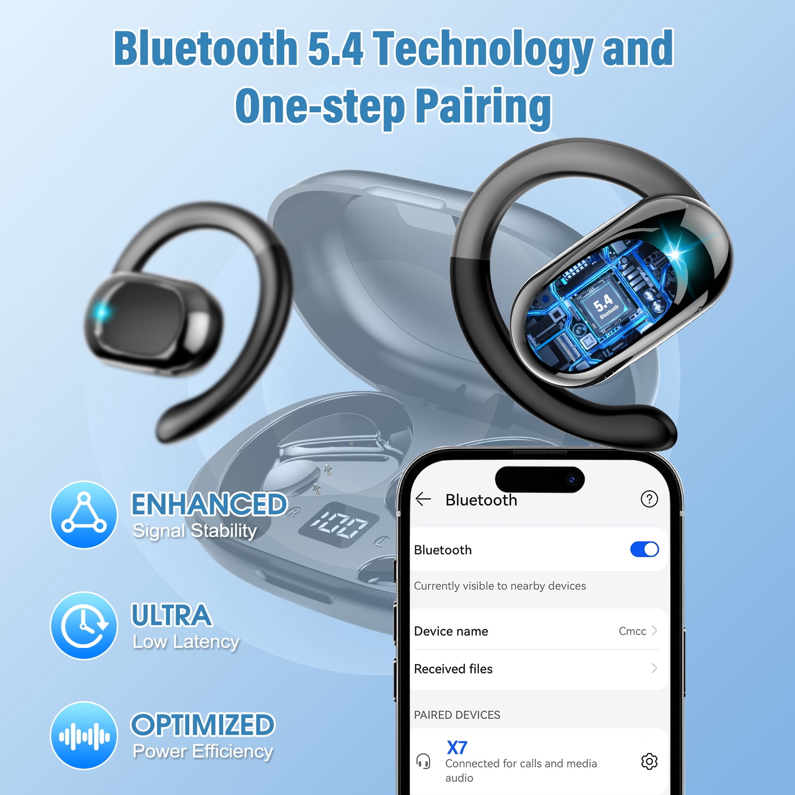 Open Ear Earbuds, Bluetooth 5.4 Headphones, HD Stereo Bass Wireless Earphones with Earhooks, 58Hrs Playtime, IP7 Waterproof for Fitness, Cycling, Sports