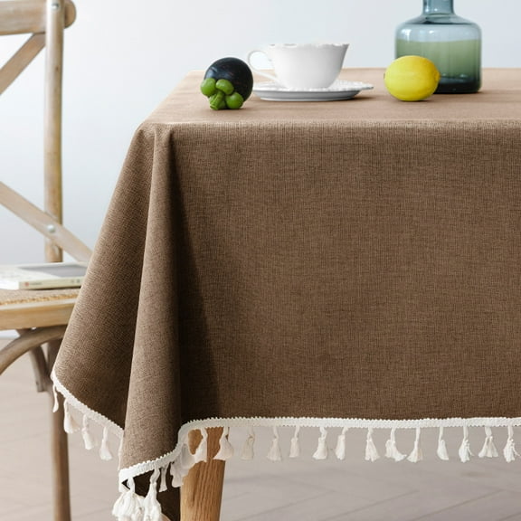 Linen Tablecloth with Tassels, Farmhouse Style Brown Tablecloth, Water Resistant Burlap Tablecloths for Rectangle Table, 140*180cm Caramel