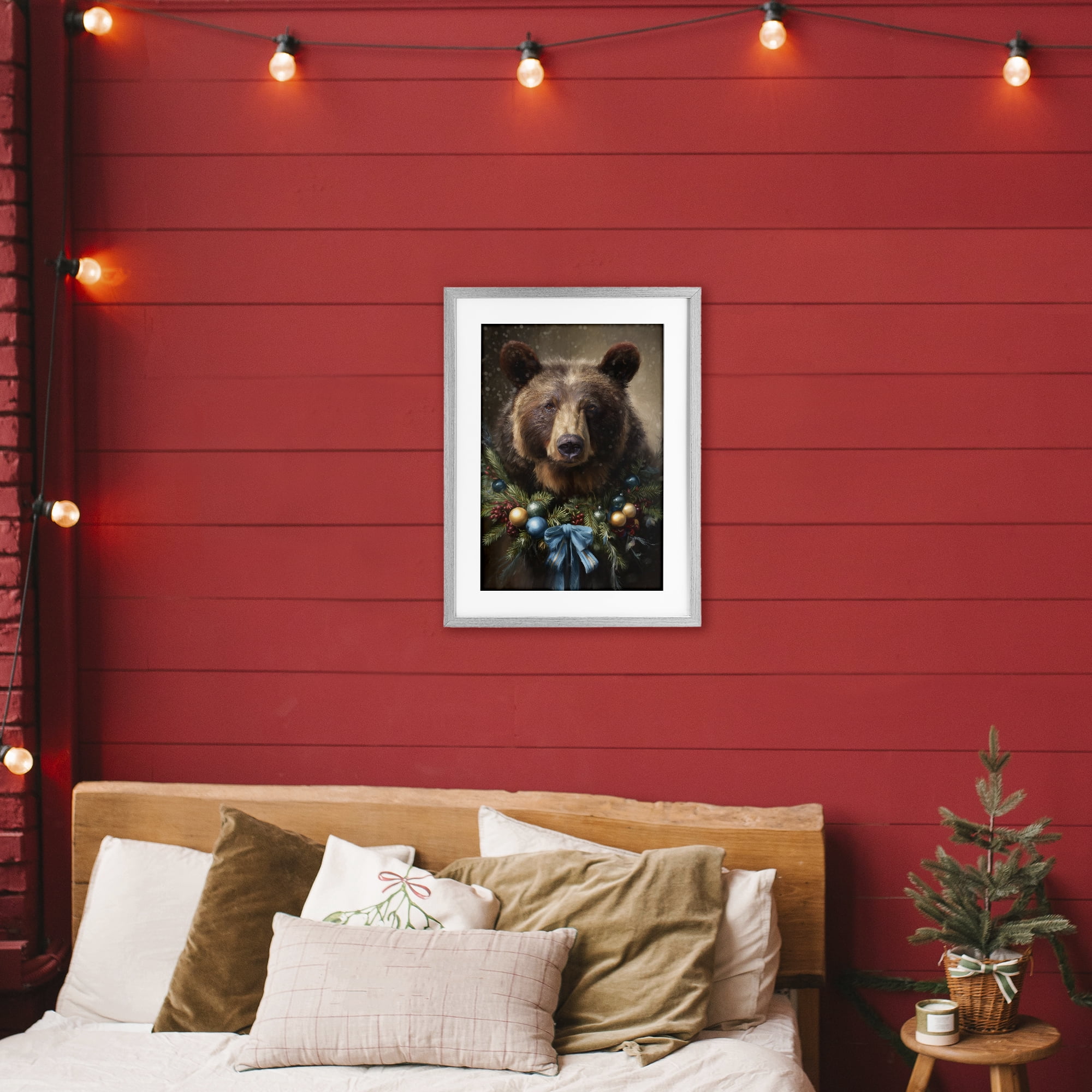 Stupell Industries Christmas Grizzly with Wreath Gray Framed Print Under Glass, design by Tina LeCour