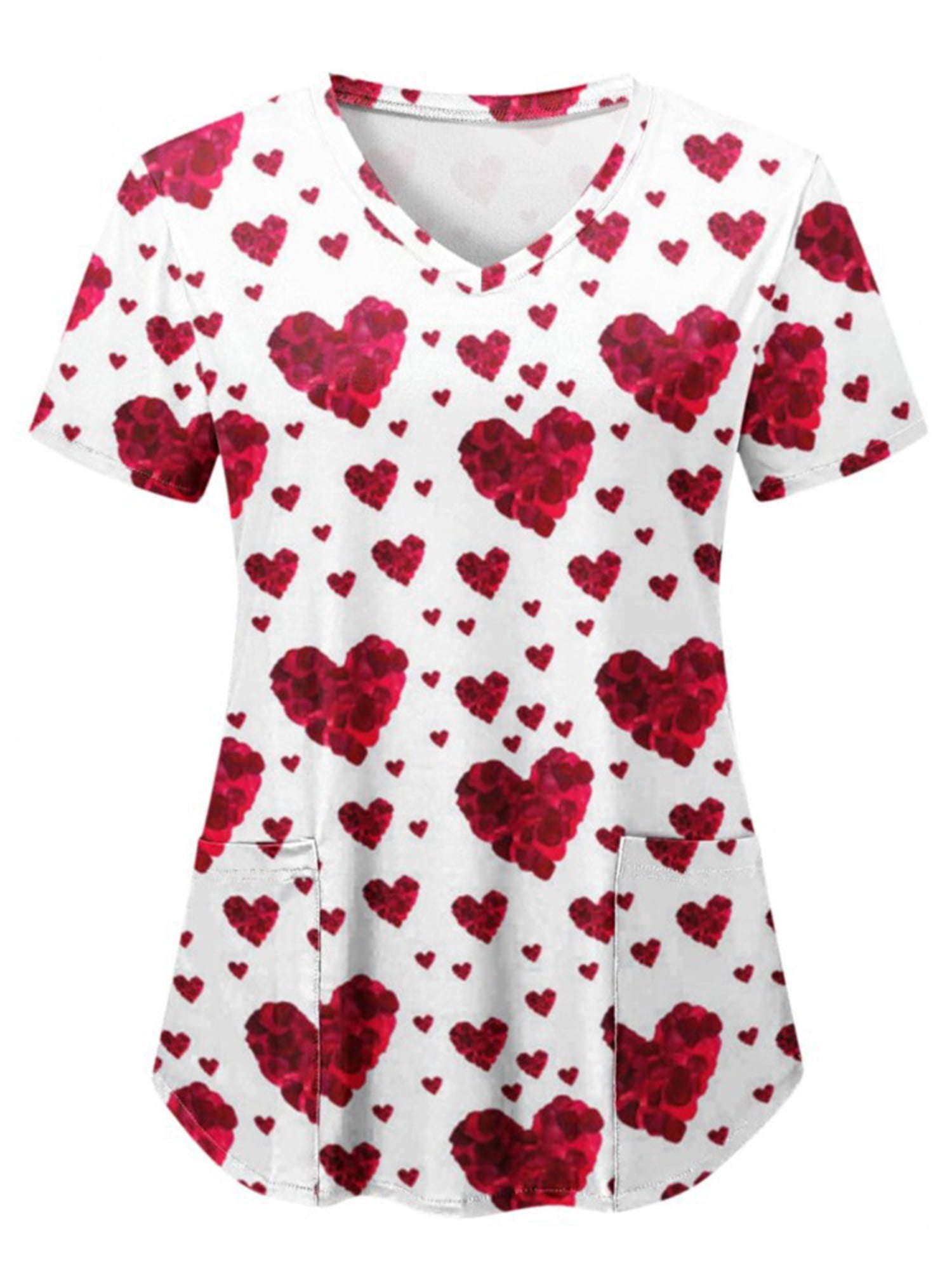 Womens Valentine's Day Heart Printed Scrub_Tops with Pockets Short Sleeve V Neck Mock Wrap Top Holiday Pullover Tops 