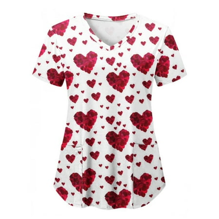 

Niuer Women Nursing Tees V Neck Scrub Tops Heart Print T Shirt Uniform Tee Short Sleeve Nurse T-shirt Style-E XL