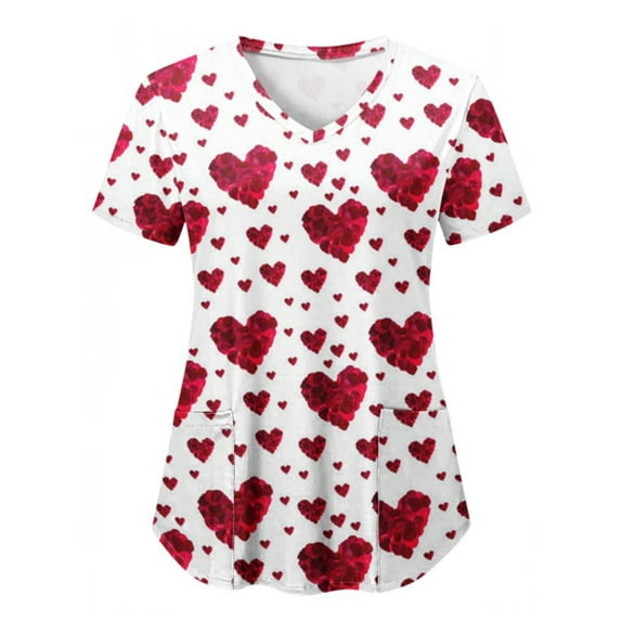 Wrcnote Valentine Print Scrub Tops for Women Short Sleeve Nurse Uniform V Neck Tunic Pockets T Shirt Blouse