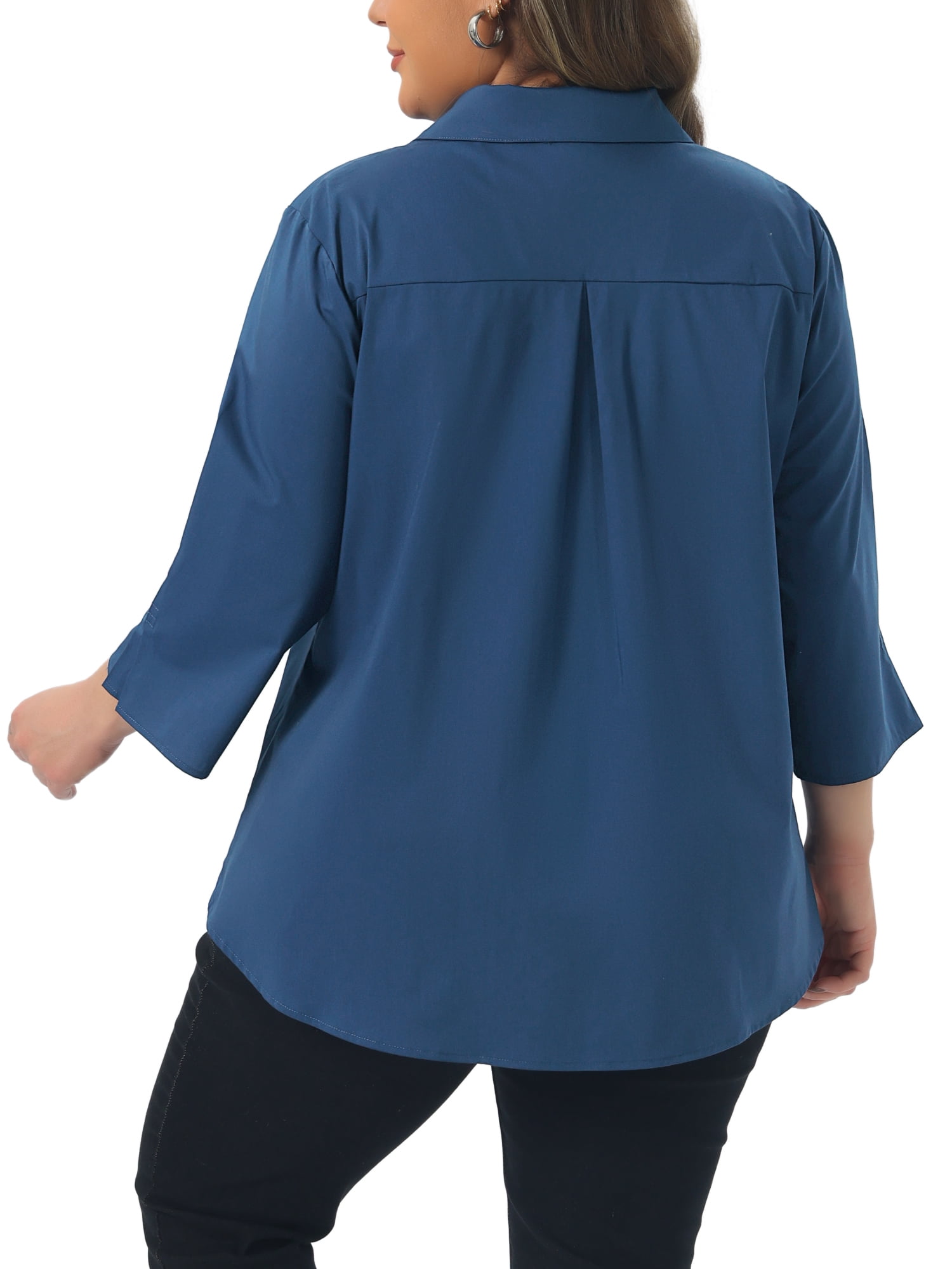 DARING DIVA Women's Plus Button Down Collar Pleated Casual Blouses 3X Dark Blue