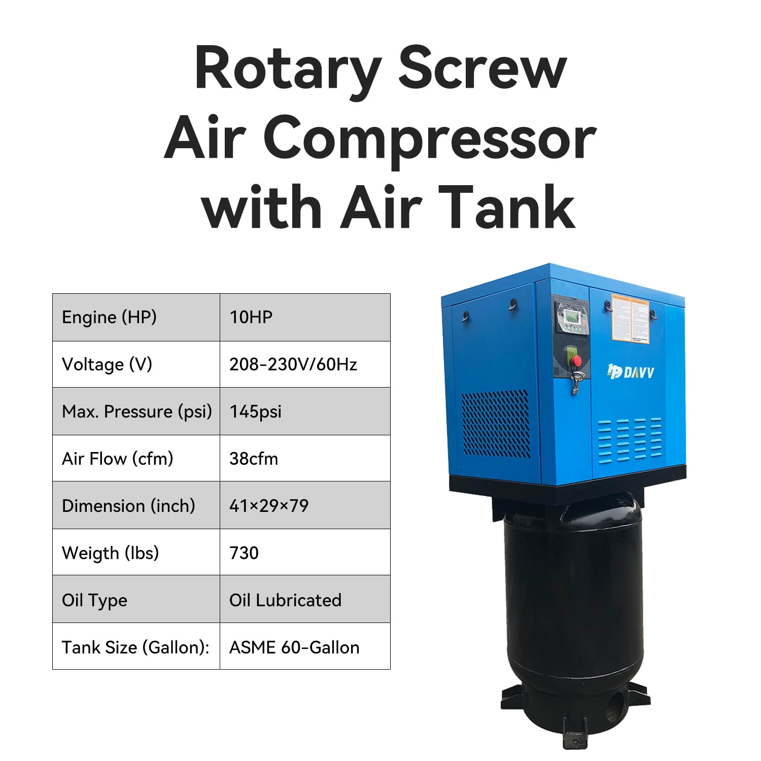 HPDMC 10HP Rotary Screw Air Compressor, 208 - 230V 3 - Phase, 38 CFM @ 145 PSI, ASME 60 - Gallon Vertical Tank, Industrial Air Pump for Workshop