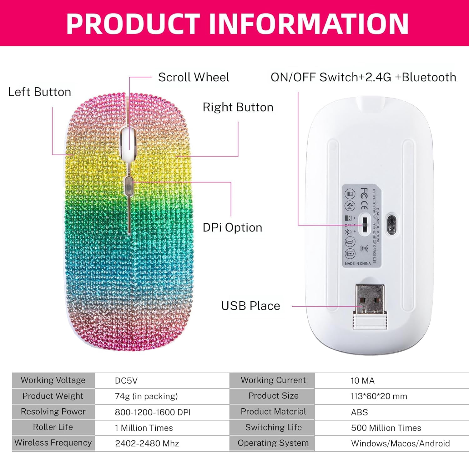 Bling Rhinestone Bluetooth Mouse, 2.4G Rechargeable Wireless Slim Mouse with USB Receiver, Sparkling Glitter Mouse for PC Laptop MacBook, Gift for Women