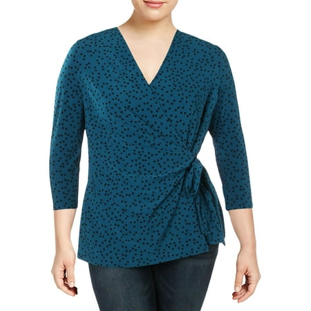ANNE KLEIN Womens Teal Printed 3/4 Sleeve V Neck Faux Wrap Top Size: 2XS