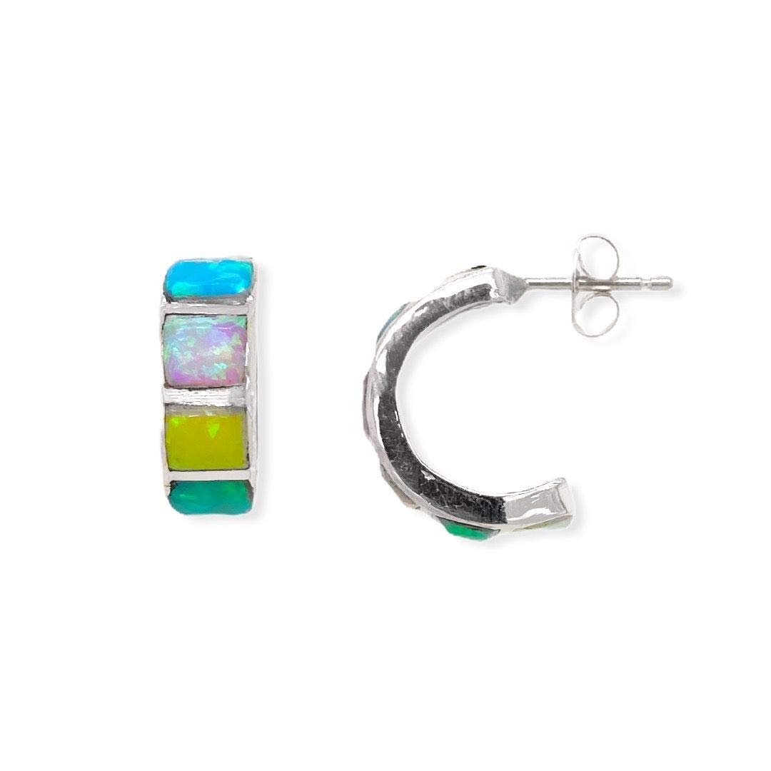 Genuine Stone Multicolor Hoop Earrings, Sterling Silver, Authentic