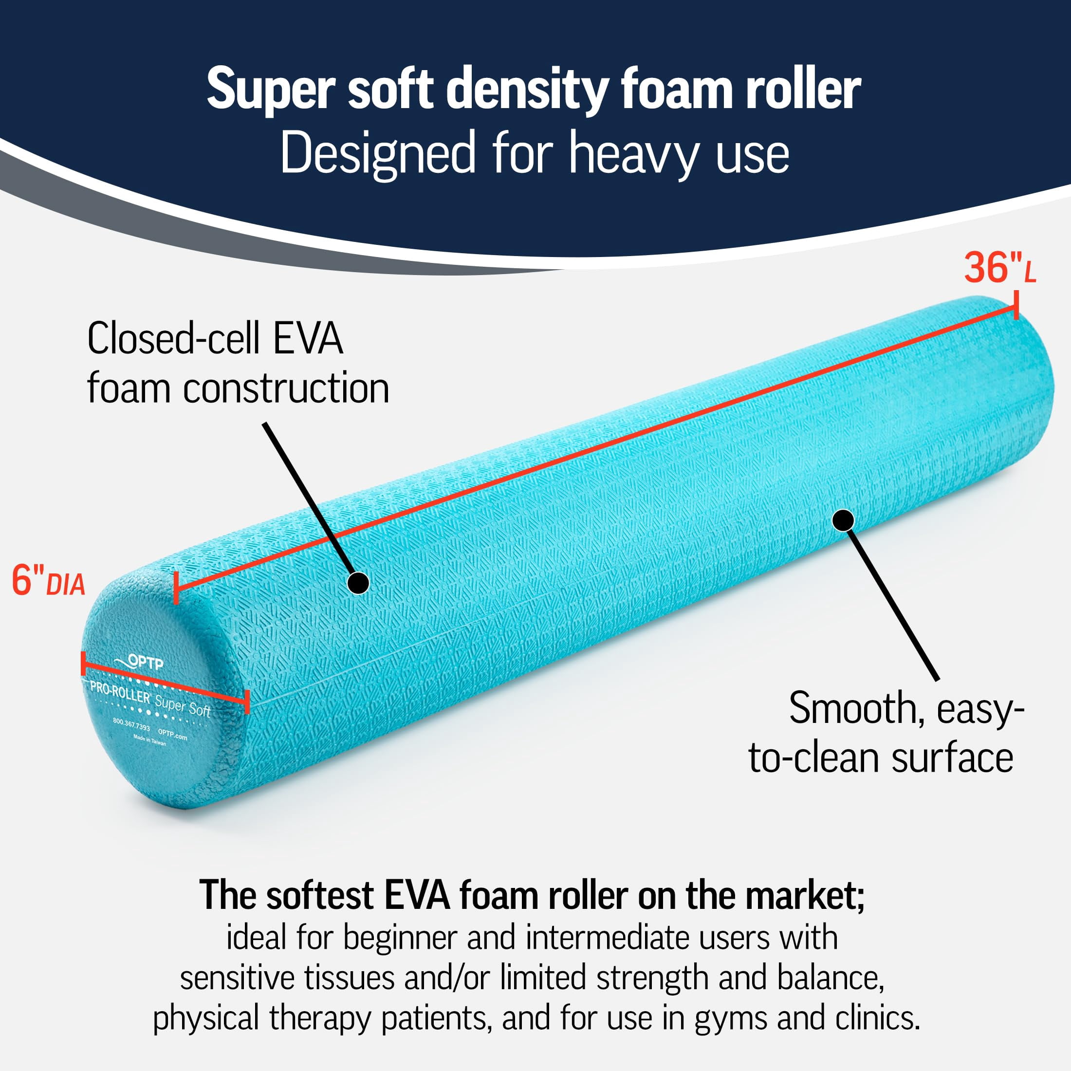 OPTP PRO-ROLLER Super Soft Density Foam Roller 36 In - Light Blue Low Density Foam Roller for Exercise, and Gentle Massage Foam Roller for Physical Therapy 36" x 6" Round