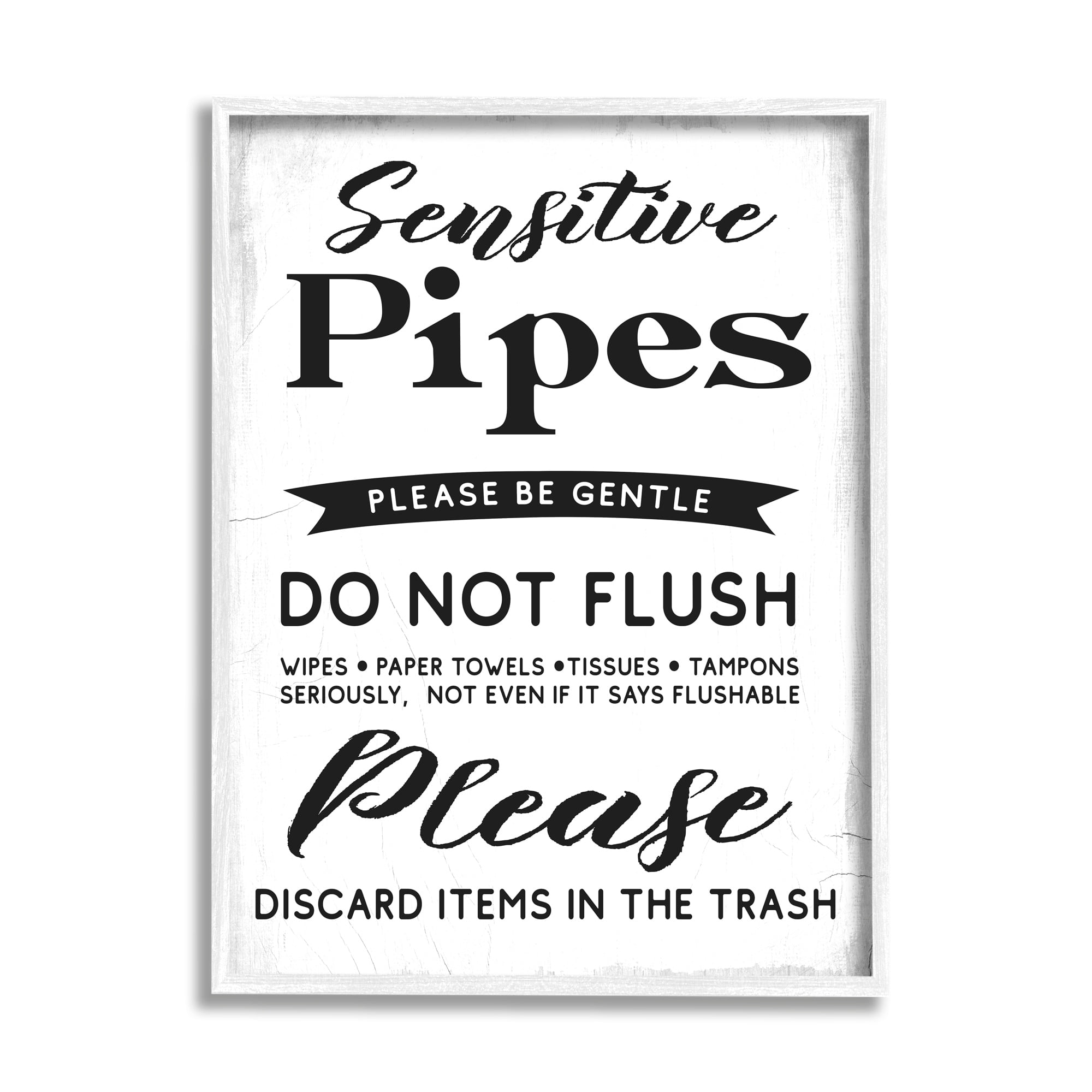 Stupell Industries Sensitive Toilet Pipes Sign Flushing Restrictions Graphic Art White Framed Art Print Wall Art, 11x14, by Daphne Polselli
