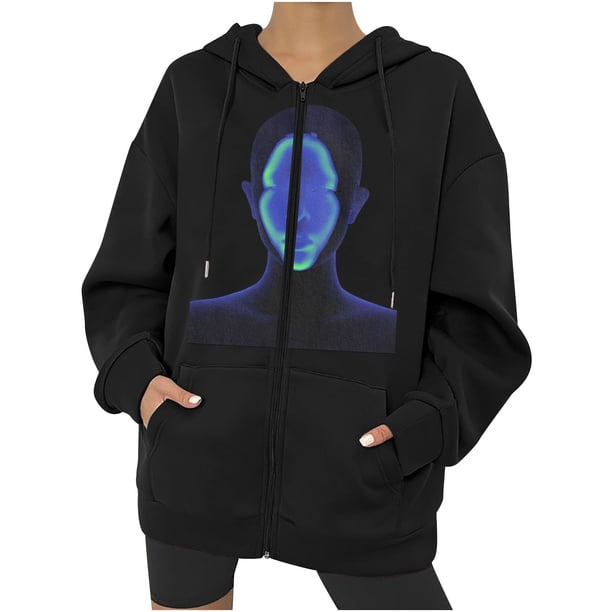 Chaqueta con capucha Punk suelta con cremallera y estampado de Halloween para mujer, abrigo, sudaderas con capucha, abrigo Pompotops qwe15497