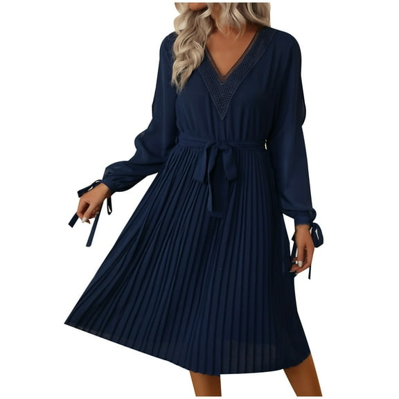 IROINNID Reduced Semi Formal Dress for Women Long Sleeve A-Line Dress Solid Color V-neck Hollow Out Pleated Dress,Dark Blue