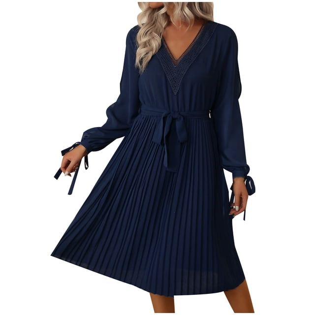 Lovzfmll Robe Décontractée Ample pour Femme à Manches Longues, Ourlet Volanté Coloré, Bleu Foncé, L