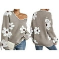 thumbnail image 2 of Sweaters for Women Spring Fall Color Block Ribbed Ruffle V Neck Loose Fit Pullover Knit Y2k Cute Sweater Tops Brown XL, 2 of 6