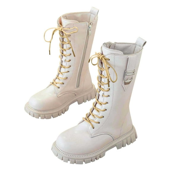 Mwjwdo Girl's Mid Calf Boots Fashion Bow Knot Long Barrel Leather Casual Comfortable Princess Boots for Fall Winter Little Kids Beige 36