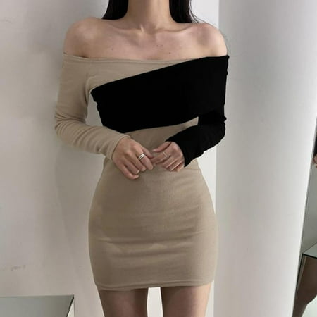 Herrnalise Women s Basic Versatile Stretchy Flared Casual Mini Skater Skirt Women Long Sleeve Stitching Strapless Bag Hip Skirt Knitted Short Skirt Dress
