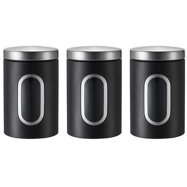 Juego de botes, juego de 3 botes de acero inoxidable plateados con ventanas de vidrio, para enlatar cereales, pastas, azúcar, frijoles y especias en la cocina. Juego de recipientes para