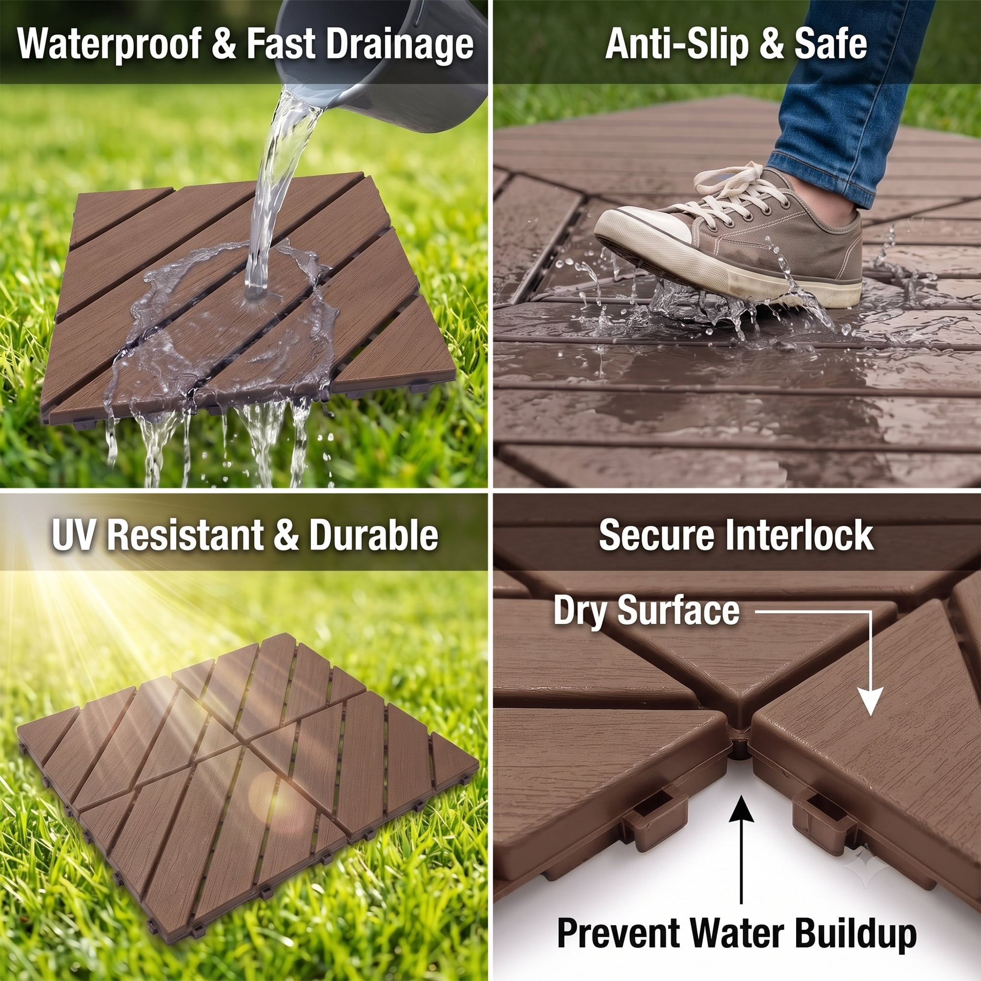 Interlocking Deck Tiles 44-Pack 12x12 Inch, Waterproof Patio Flooring and Snap Together Decking Tiles with Non-Slip Surface for Poolside Porch Garden, Brown