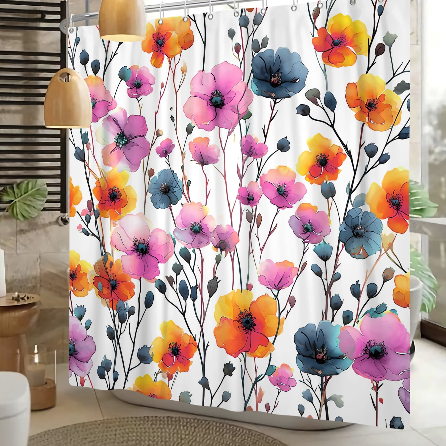 MIZHONA Purple Floral Shower Curtain Spring Colorful Flowers Bath Curtains for Bathroom Decorative  72"X72"