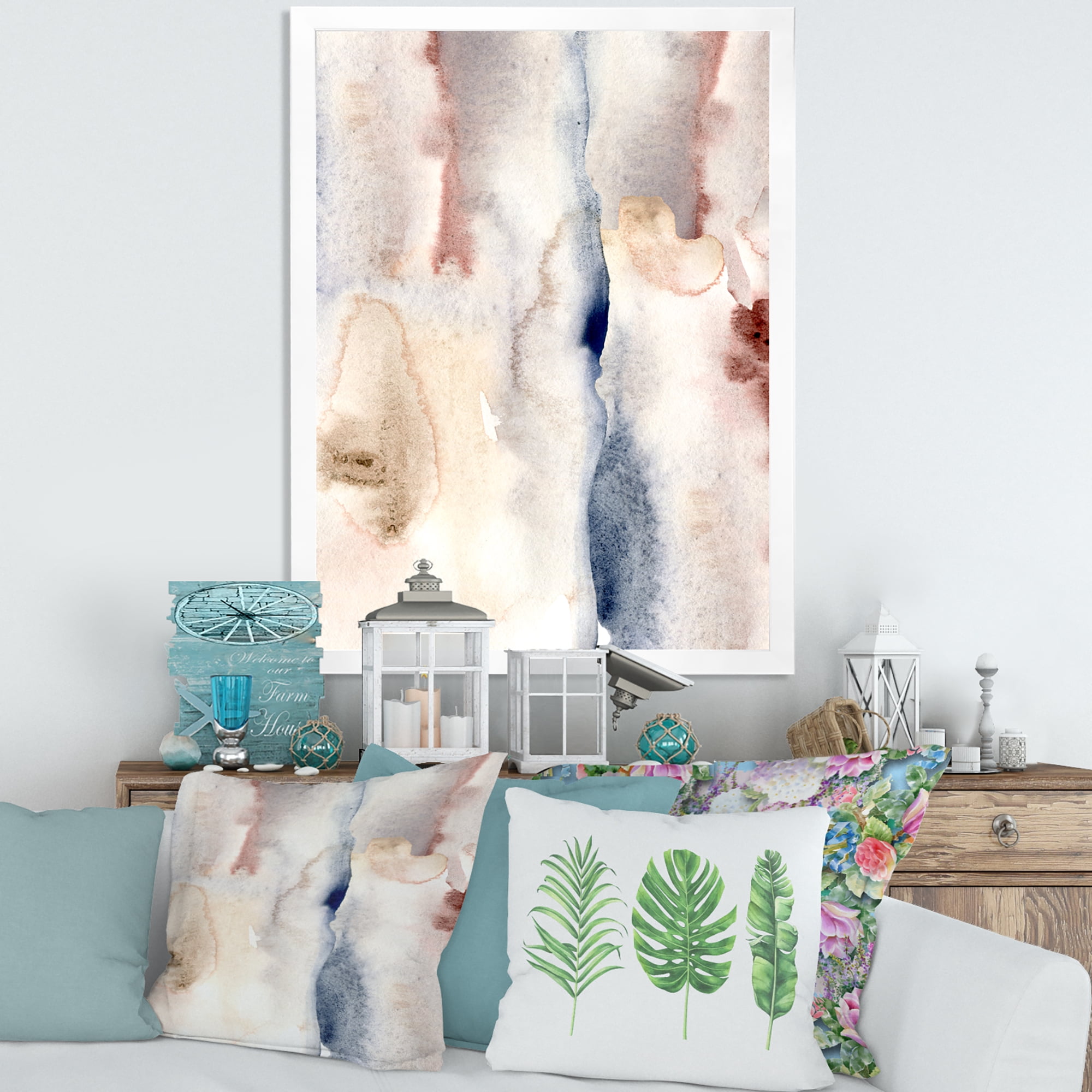 Designart 'Pastel Abstract With Pink Dark Blue and Gray Spots' Modern Framed Art Print