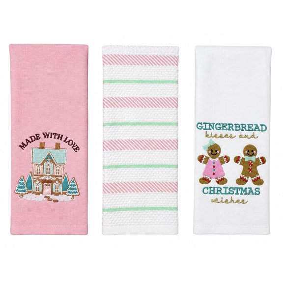 Serafina Home Christmas Kitchen Towels-Set of 3 Pink Green White 100% Cotton Embroidered Gingerbread House, Candy Cane Stripe, and Gingerbread Couple with Phrases Design - 16 x 26 Multipurpose Towels